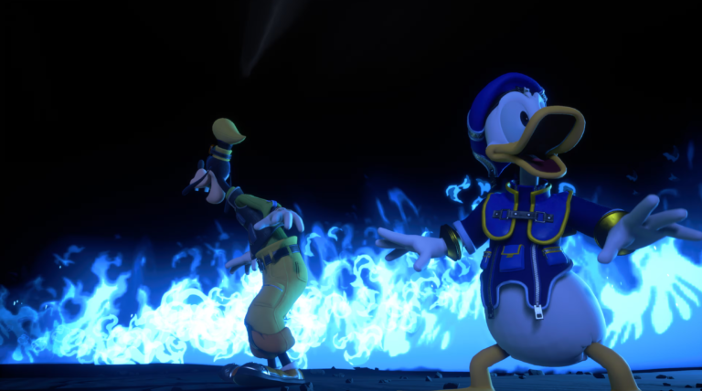 Goofy and Donald in blue flames